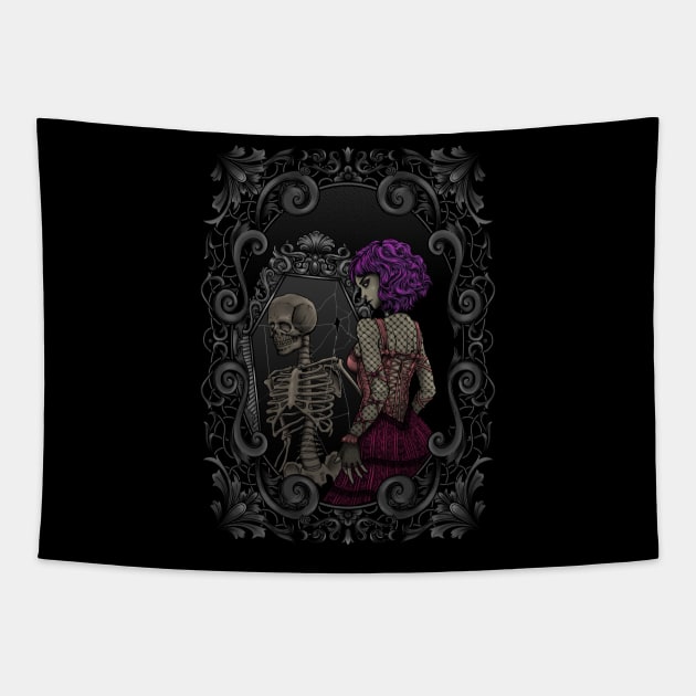 Skeleton mirror image of gothic lady - inside dead - Gothic Tapestry by Modern Medieval Design