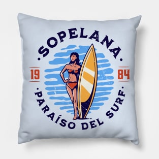 Vintage Sopelana, Spain Surfer's Paradise // Retro Surfing 1980s Badge B Pillow