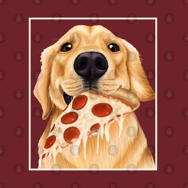 Golden Retriever eating pizza - dog with a slice of pizza by Mehu Art