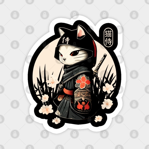 Samurai Cat Tattoo, Kawaii Ninja Cat Magnet by Apocatnipse Meow