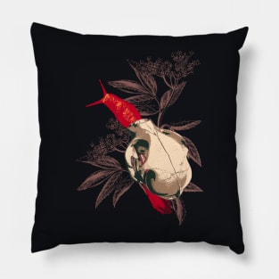 Enigmatic Escargots: Spooky Art Print Featuring Red Snail Donning Cat Skull Shell Pillow