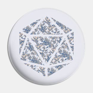 Blue and Parchment White Gradient Rose Vintage Pattern Silhouette D20 - Subtle Dungeons and Dragons Design Pin