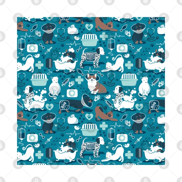 Veterinary medicine, happy and healthy friends // pattern // turquoise background aqua details navy blue white and brown cats dogs and other animals by SelmaCardoso