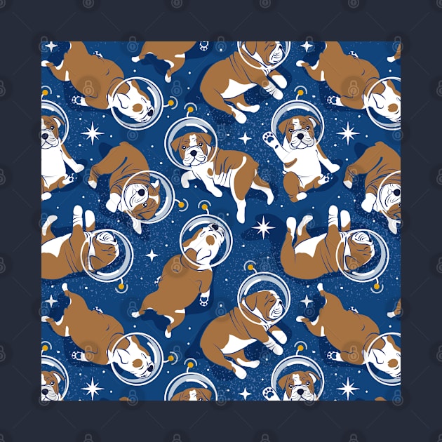 Sleepy astronaut // pattern // classic blue background white and bronze English Bulldogs goldenrod yellow antennas by SelmaCardoso