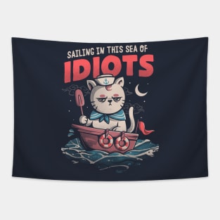 Sailing in this Sea of Idiots - Grumpy Funny Sailor Cat Gift Tapestry