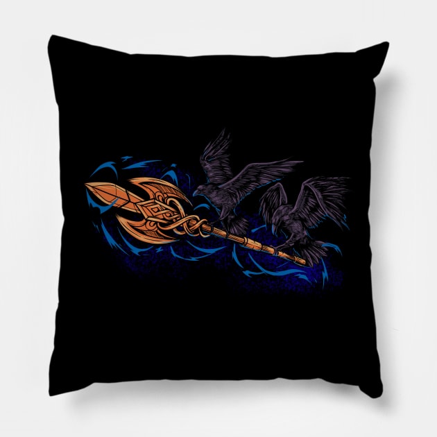 Odin's ravens with spear Gungnir - Hugin and Munin Pillow by Modern Medieval Design