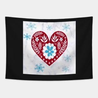 Winter Scandinavian Design, Teal & Red on White Background Cute Simple Nordic Heart and Snowflakes Tapestry