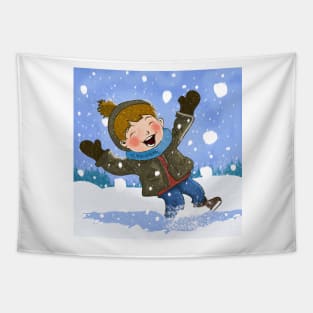 Boy Having Fun In Snow Tapestry