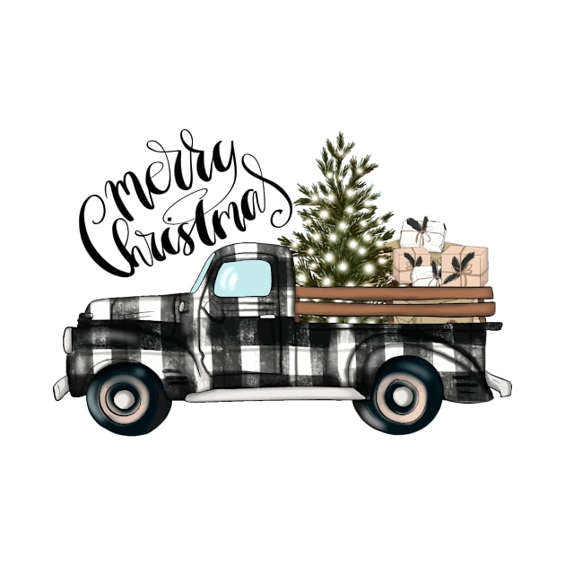 Merry Christmas Vintage Black Buffalo Plaid Truck Women Kids by William