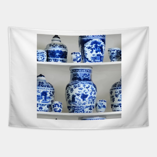 Shelves with blue and white chinoiserie jars Tapestry by SophieClimaArt