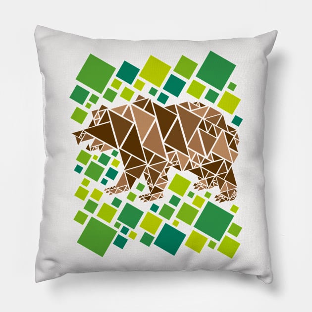 Geometric Bear Design in Shades of Brown and Green Pillow by ArtMichalS