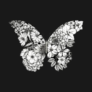 Floral Butterfly Black Background T-Shirt