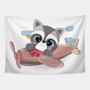 Raccoon at the helm of the plane Tapestry