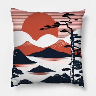 Japanese landscape with sunset, woodblock Pillow