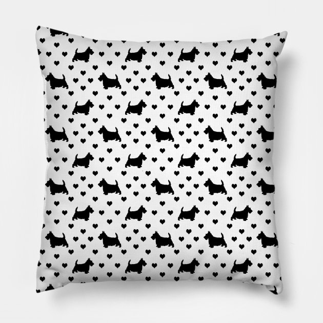 Black Scottie Dogs (Scottish Terriers) & Hearts on White Background Pillow by karenmcfarland13