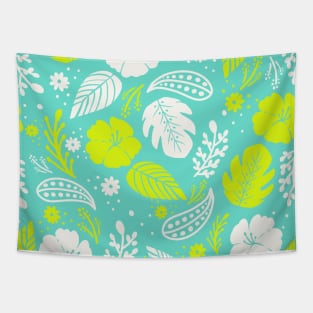 Foliage & Hibiscus Pattern - Blue & Green Tapestry