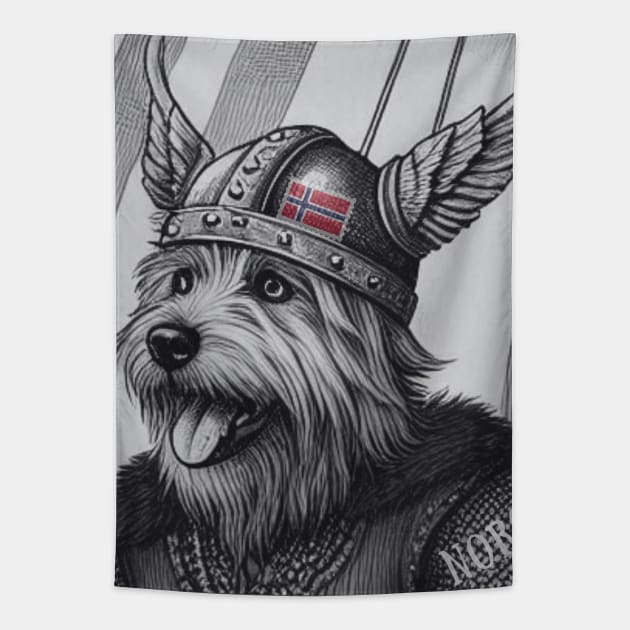 Cute Black and White Viking dog Norway Flag Tapestry by DAZu