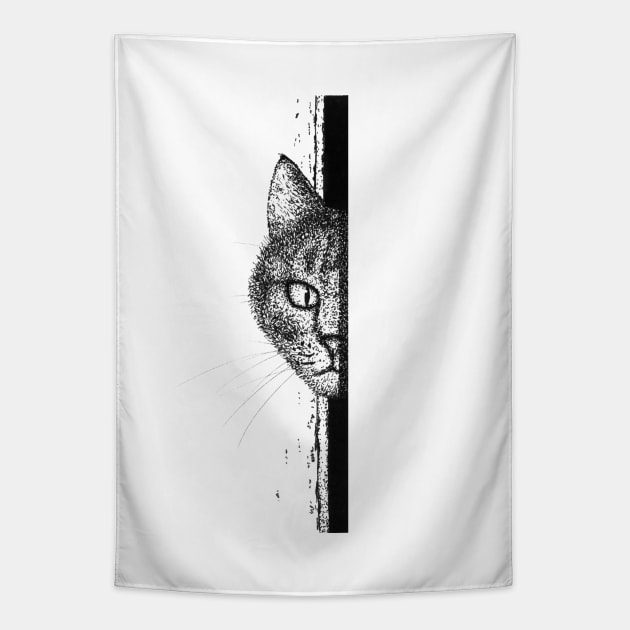 Black and White illustration of hidden cat Tapestry by Kseniyart