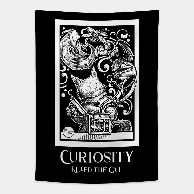 Opening Pandora's Box - Curiosity Killed The Cat - White Outlined Version Tapestry by Nat Ewert Art