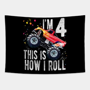 Kids Year Old 4th Birthday Boy Monster Truck Car T Tapestry