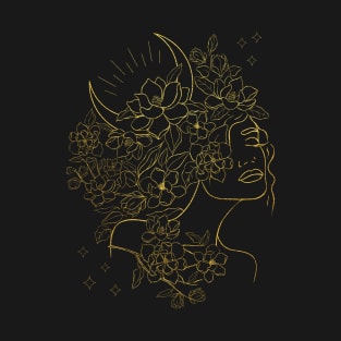 Woman with Flowers and Crescent Moon - Golden Lines T-Shirt