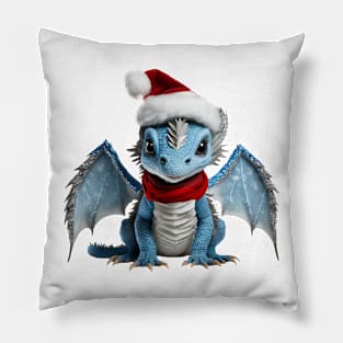 Realistic Artwork of a Cute Blue Baby Dragon Wearing a Red Festive Christmas Hat Pillow