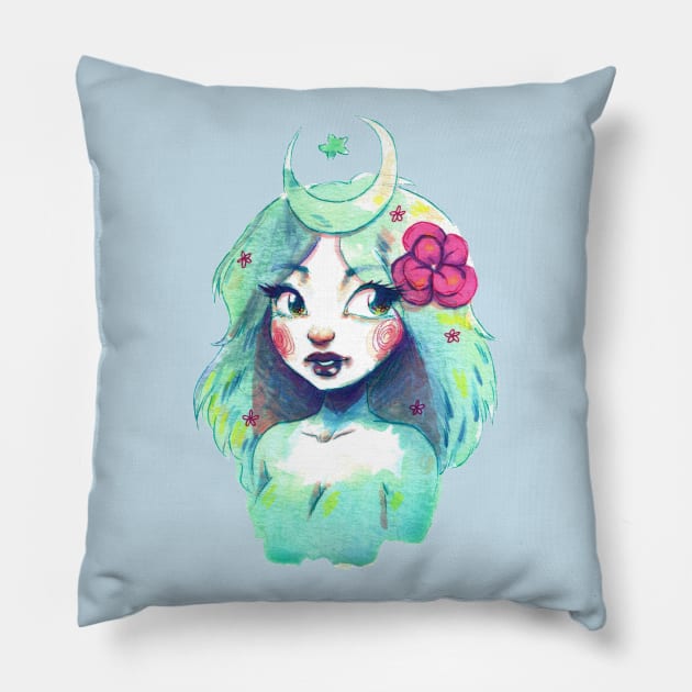 Green Moon Girl Pillow by saradaboru