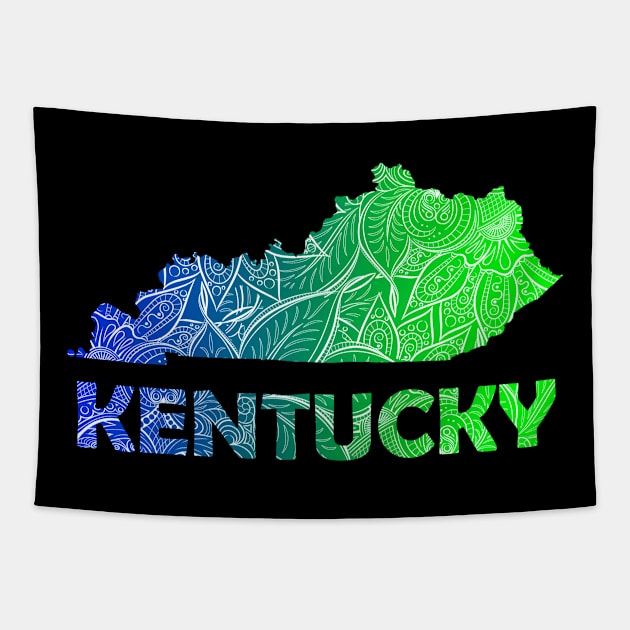 Colorful mandala art map of Kentucky with text in blue and green Tapestry by Happy Citizen