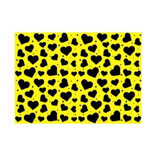 Black Artistic Sketchy Hearts Seamless Pattern on Yellow Background T-Shirt