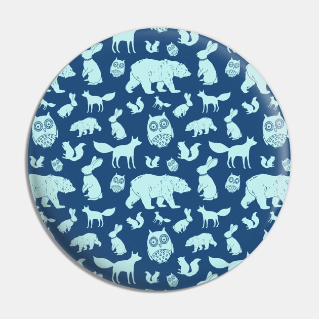 Navy Light Blue Woodland Animals Fox Bear Owl Pin by dreamingmind