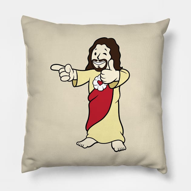 Buddy Christ Vault Boy Pillow by MustardSoda