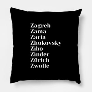 Cities starting with the letter, Z, Mug, Tote, Pin Pillow