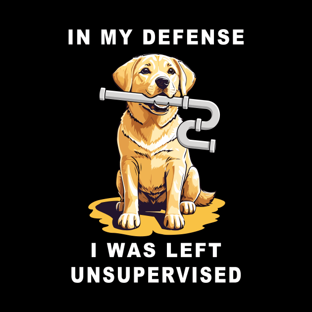 In my defence I was left unsupervised, yellow lab dog has ripped a U-pipe from under the sink funny graphic t-shirt. by Cat In Orbit ®