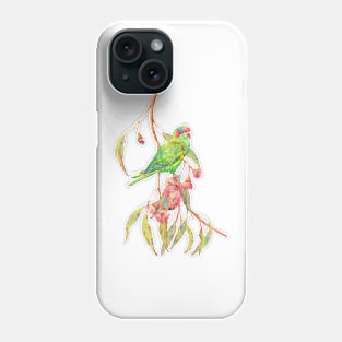 Musk lorikeet parrot and eucalyptus branch with pink flowers Phone Case