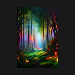 Dreamy Rainbow Colored Forest Trail - Digital AI Art T-Shirt