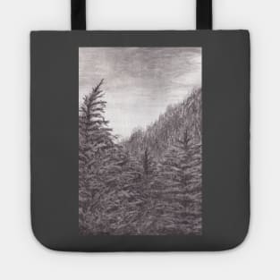 Dark Forest and grey sky Tote