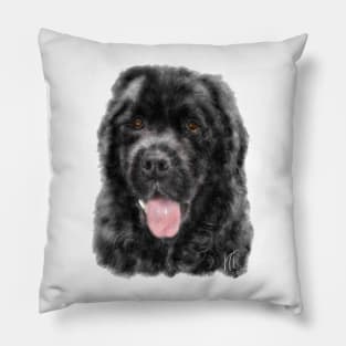 A custom hand painted digital image of a Smiling Black Newfoundland Dog Pillow