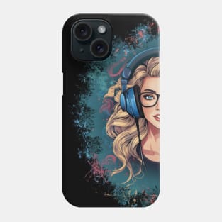 Illustration - Stylish Blonde Lady Immersed in Music, Enjoying the Beats with Headphones in a Chic Design Setting. Phone Case