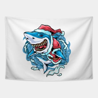 Christmas Santa Great White Shark Tapestry