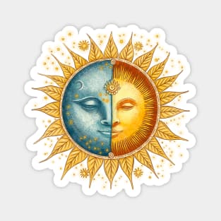 Sun and moon face hand drawn illustration. Zodiac sign. Magnet