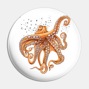 Orange Red Octopus Tentacles Kraken Bubbles Art Pin