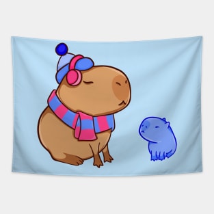 Capybara with a small snow capybara Tapestry