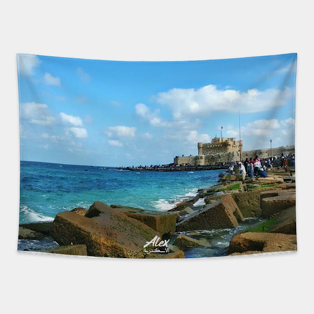 a great sea view with the castle of qaitbay in Alex- Egypt. Tapestry by abdulrahman3mad