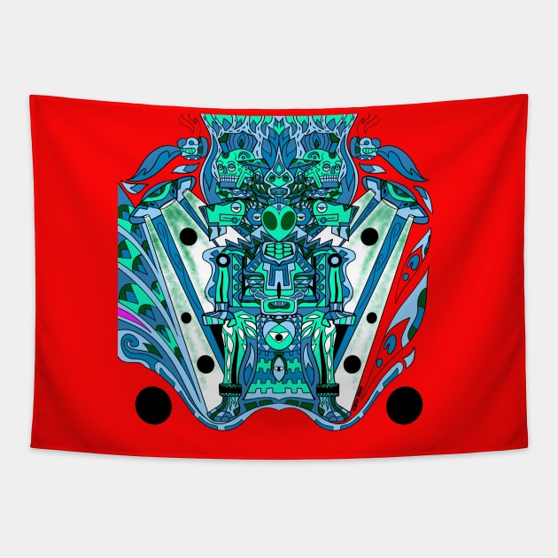 alien warfare in mayan spaceship ecopop pattern mandala Tapestry by jorge_lebeau