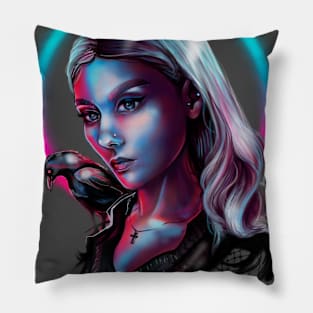 Neon Girl with a Raven Pillow