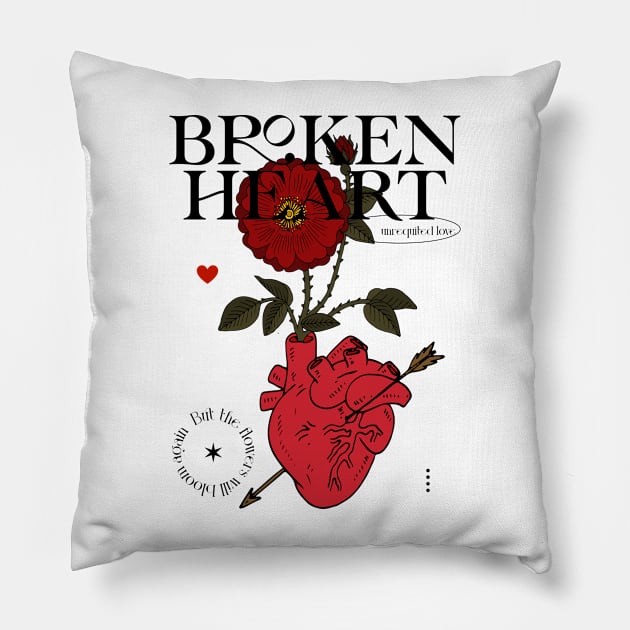 Red heart with red flower and quote Broken heart Pillow by NKTN