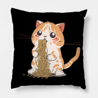 Kawaii Cat Eating Spaghetti Funny Cat Lover Pillow