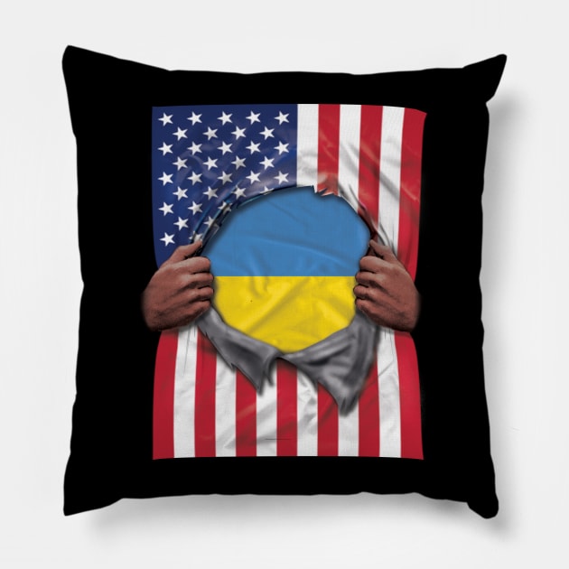 Ukraine Flag American Flag Ripped - Gift for Ukrainian From Ukraine Pillow by Country Flags