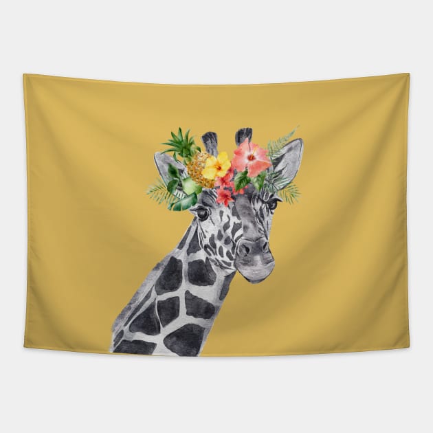 Giraffe in Flower Wreath Tapestry by Duck Cloud 9