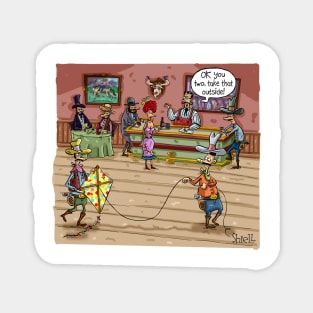 Cowboys flying a kite in a wild west saloon. Magnet